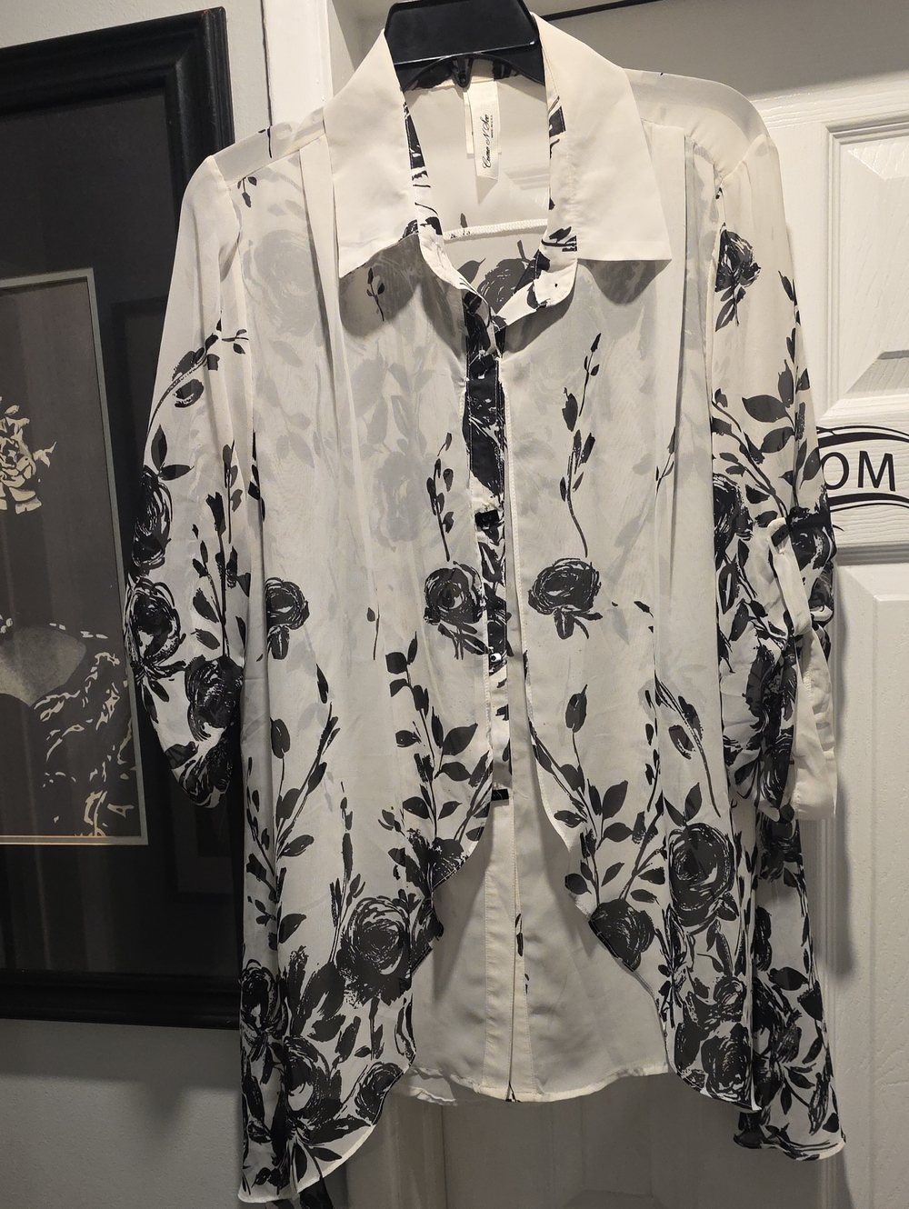 Women's Sheer Floral Button-Front Blouse - Black & White